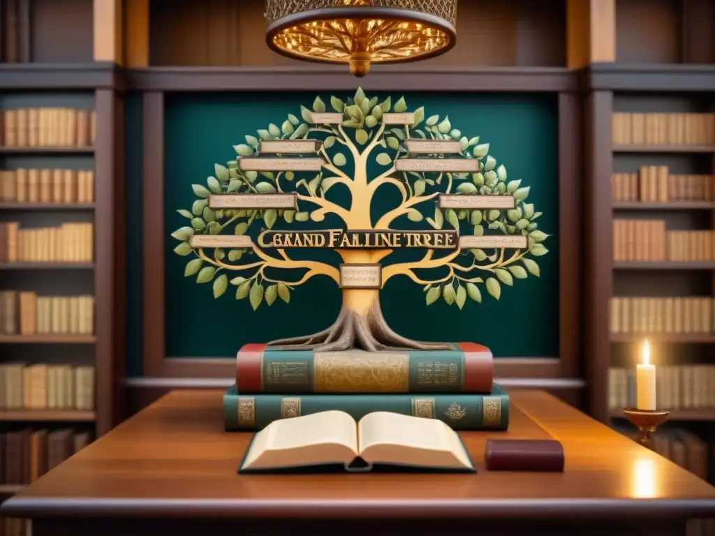 Detallada ilustración vintage de un árbol genealógico en una antigua biblioteca con nombres de ancestros entrelazados