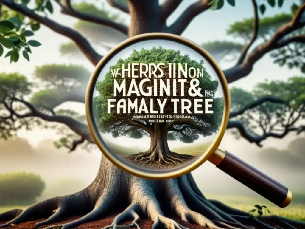 Arbol genealógico detallado: raíces históricas bajo lupa Una ilustración vintage detallada de un árbol genealógico antiguo con una lupa, resaltando la historia de apellidos y genealogía