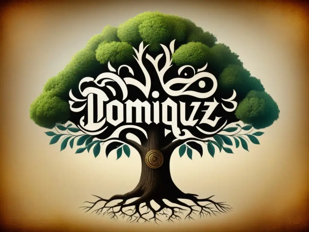 Ilustración detallada de árbol genealógico mostrando la evolución del apellido Domínguez a lo largo de los siglos, con cambios en la caligrafía y símbolos emblemáticos