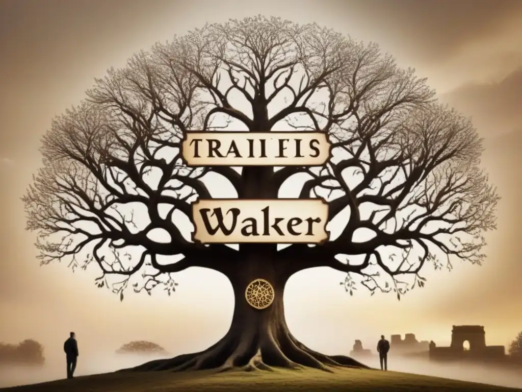 Detallada ilustración vintage de árbol genealógico de la familia Walker, evocando historia de los apellidos Walker