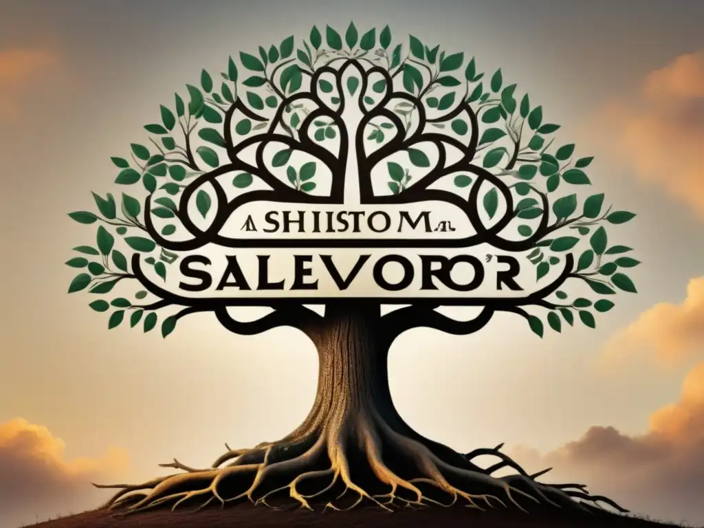 Una detallada ilustración vintage del árbol genealógico de la familia Salvador, con raíces que se remontan siglos, adornado con motivos religiosos