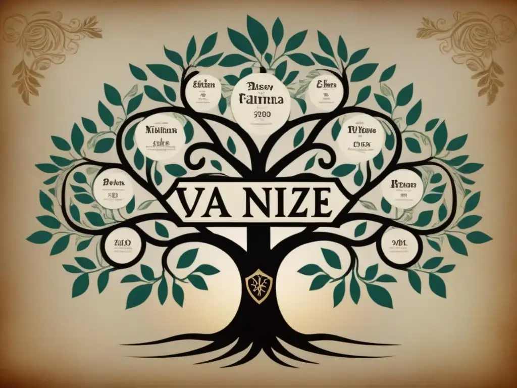 Árbol genealógico vintage de la familia Yáñez: historia y legado Ilustración detallada del árbol genealógico de la familia Yáñez a lo largo de los siglos, con caligrafía delicada y motivos florales