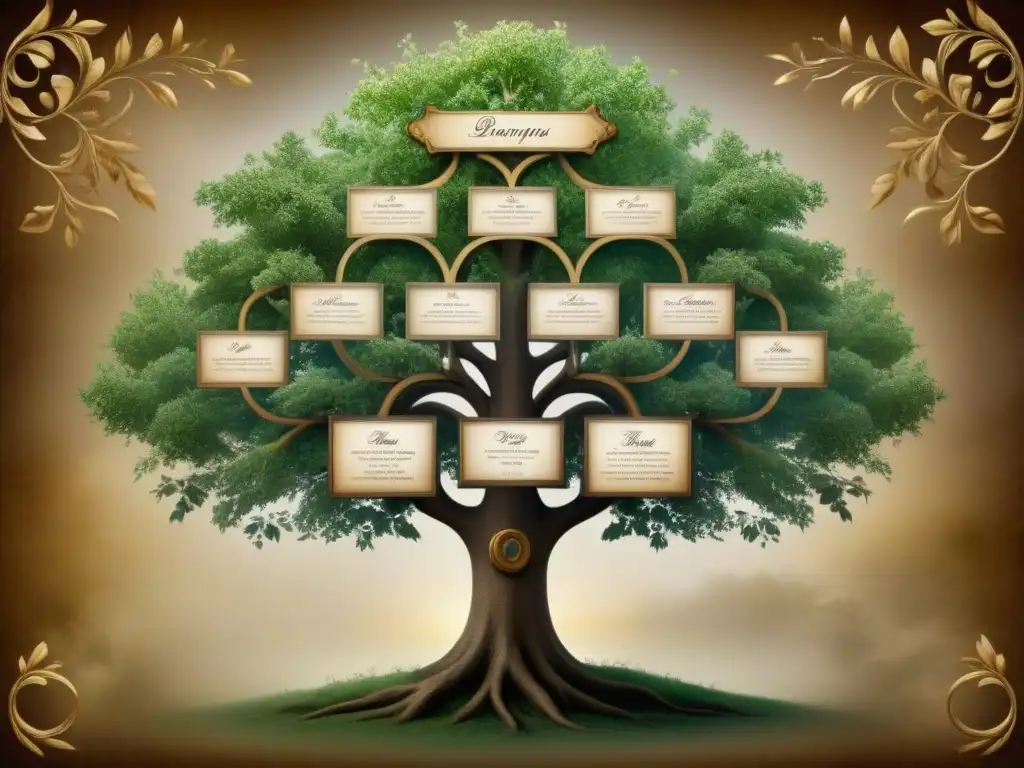 Árbol genealógico detallado de la familia Bonaparte: una obra de arte histórica Una ilustración vintage detallada del árbol genealógico de la familia Bonaparte, con tonos sepia históricos y elegancia
