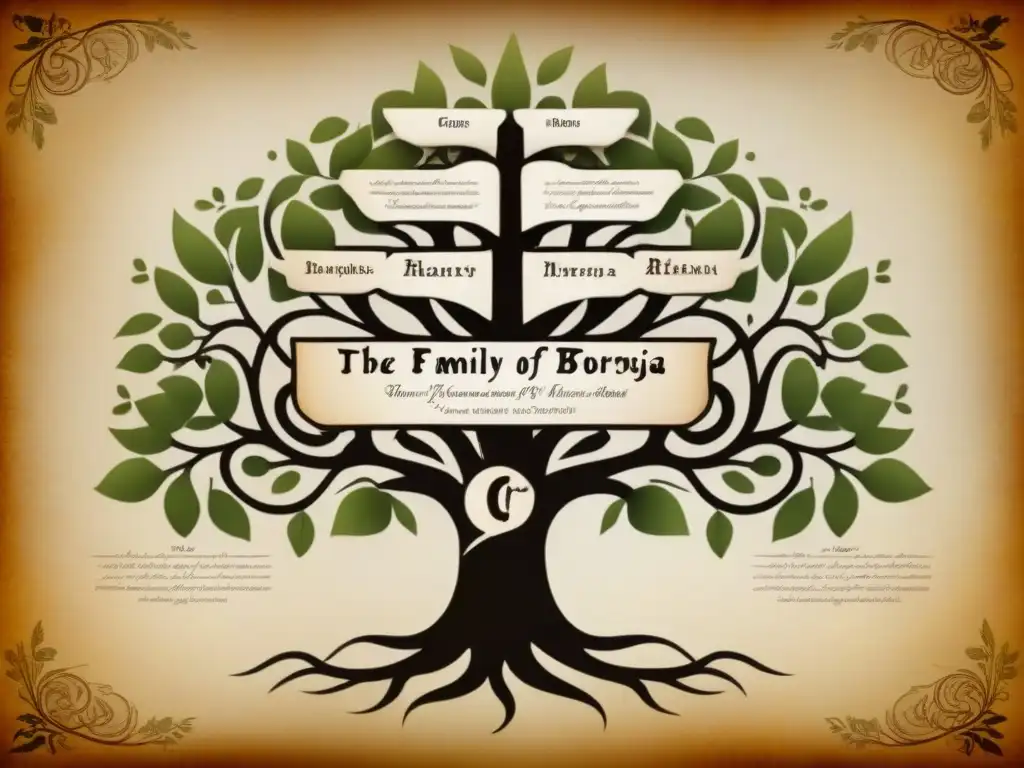 Detallada ilustración del árbol genealógico de la familia Borgia, mostrando la historia del apellido Borgia con elegante caligrafía y símbolos históricos entrelazados en un pergamino vintage