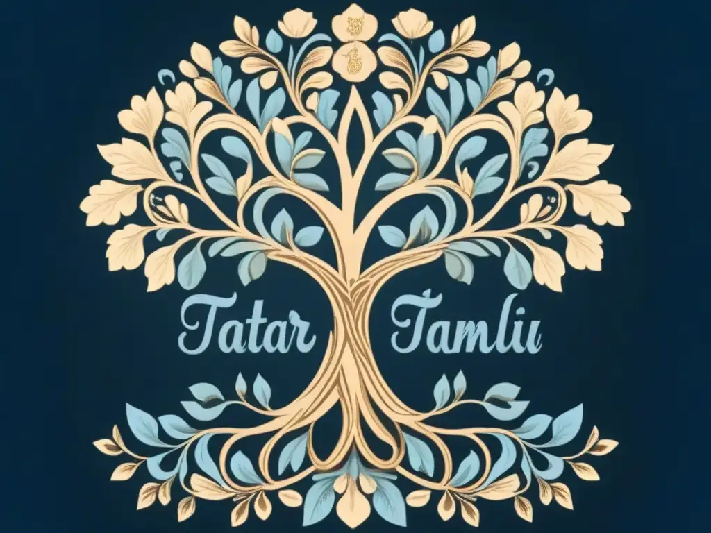 Detallada ilustración vintage de árbol genealógico de familia tártara en Rusia, con caligrafía ornamental y motivos florales