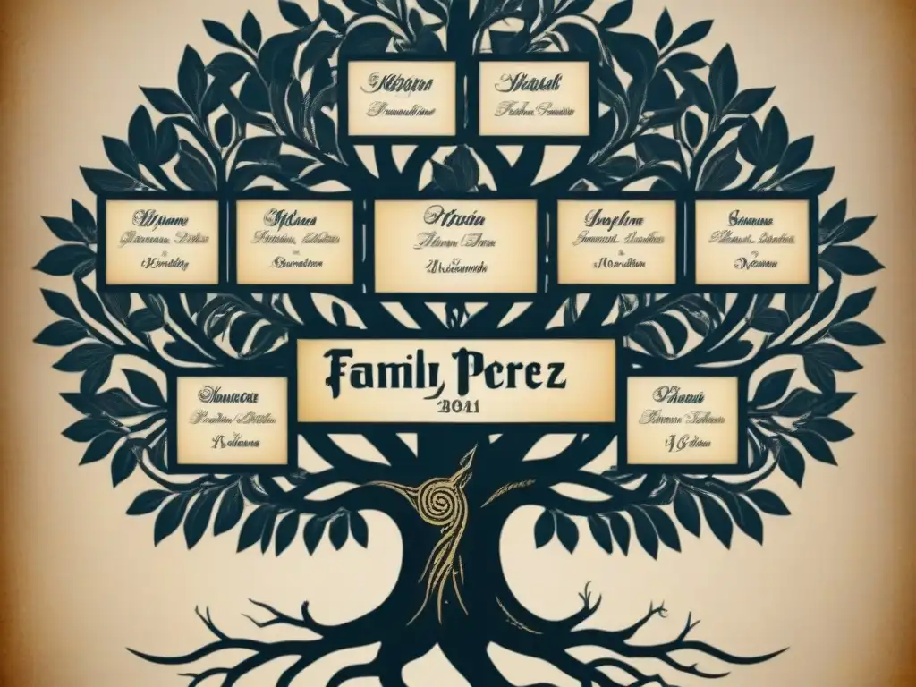 Una detallada ilustración vintage del árbol genealógico de la familia Pérez, con retratos y caligrafía histórica