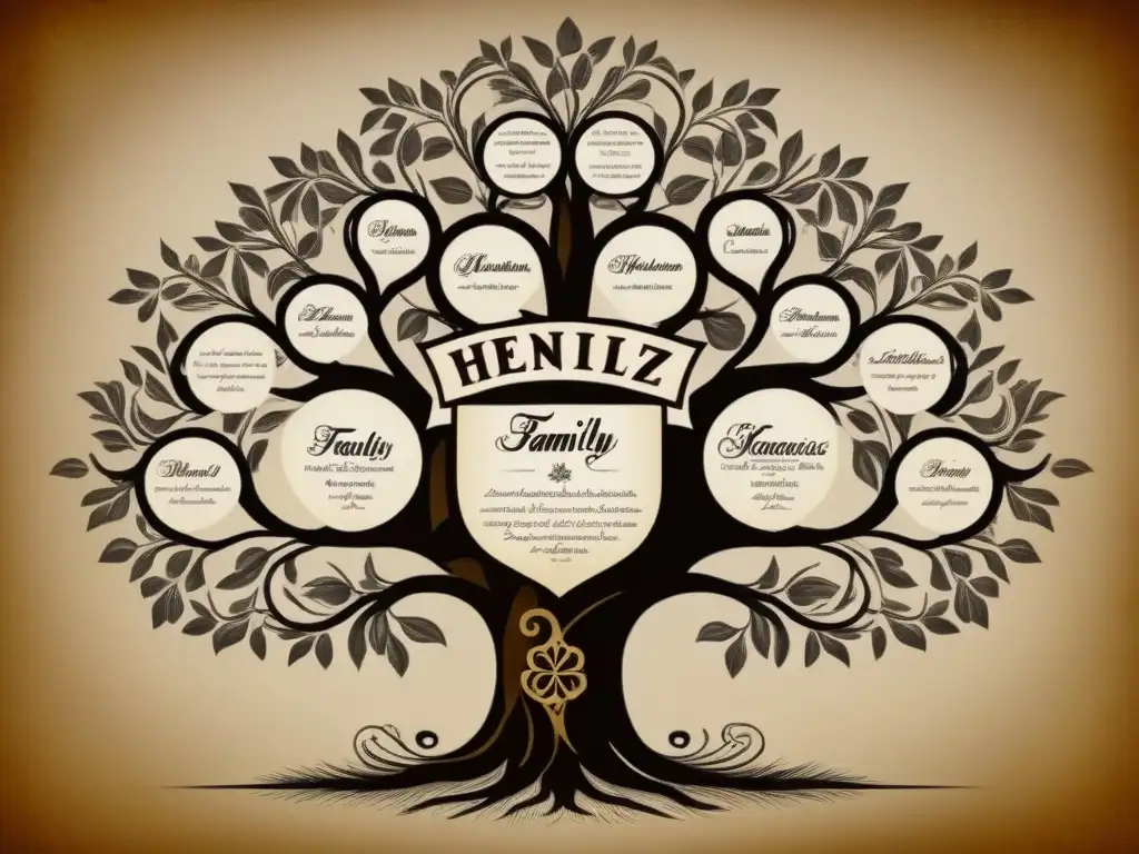 Una detallada ilustración vintage del árbol genealógico de la familia Henríquez, con elementos históricos y elegante caligrafía