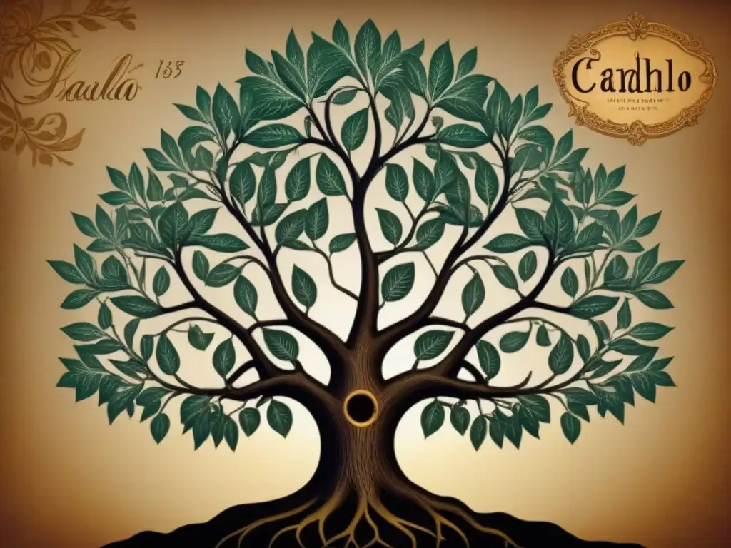 Detallada ilustración vintage del árbol genealógico de la familia Cabello, rica en historia y tradición del apellido Cabello