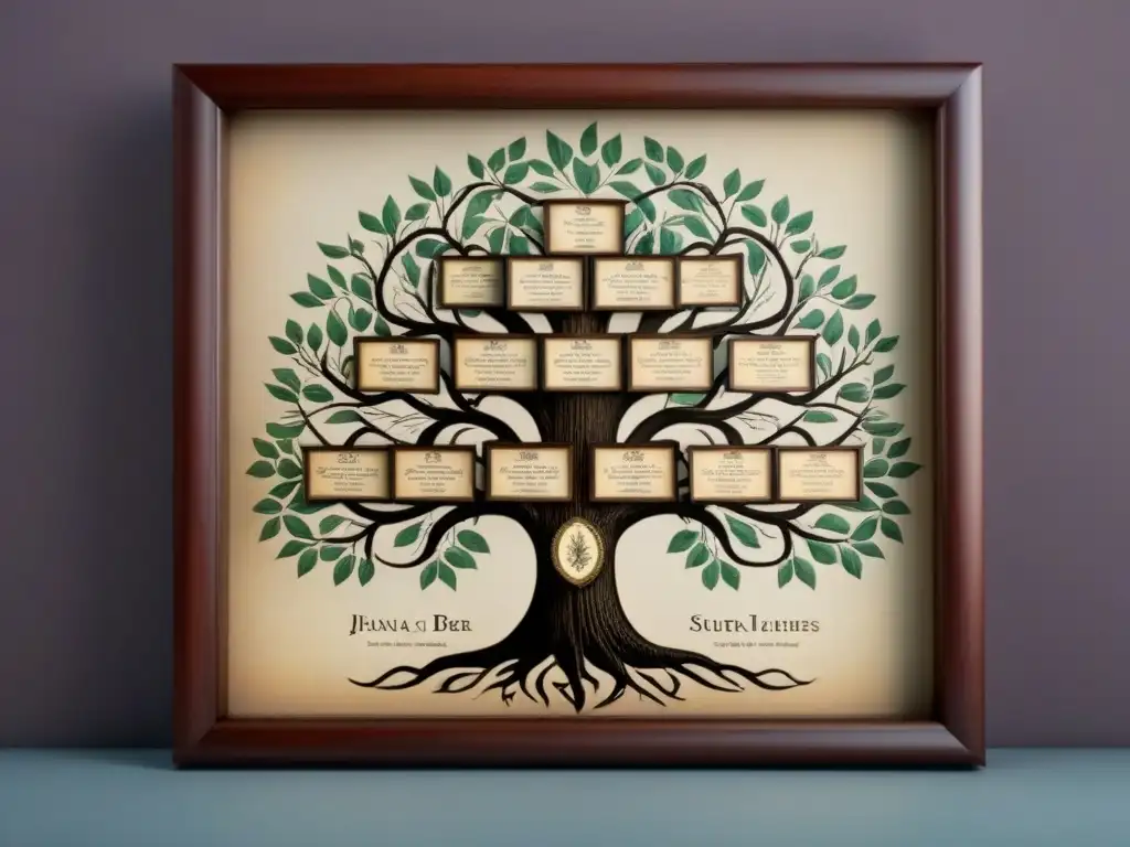 Una ilustración vintage detallada de un árbol genealógico familiar que muestra la interconexión de varios apellidos a través de ramas delicadas, con cada nombre elegantemente escrito y vinculado a su linaje ancestral correspondiente