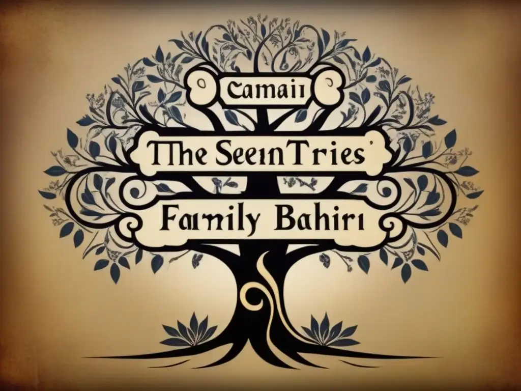 Ilustración detallada del árbol genealógico de familias prominentes de Bahréin, con caligrafía ornamental que destaca la historia de apellidos en Bahréin