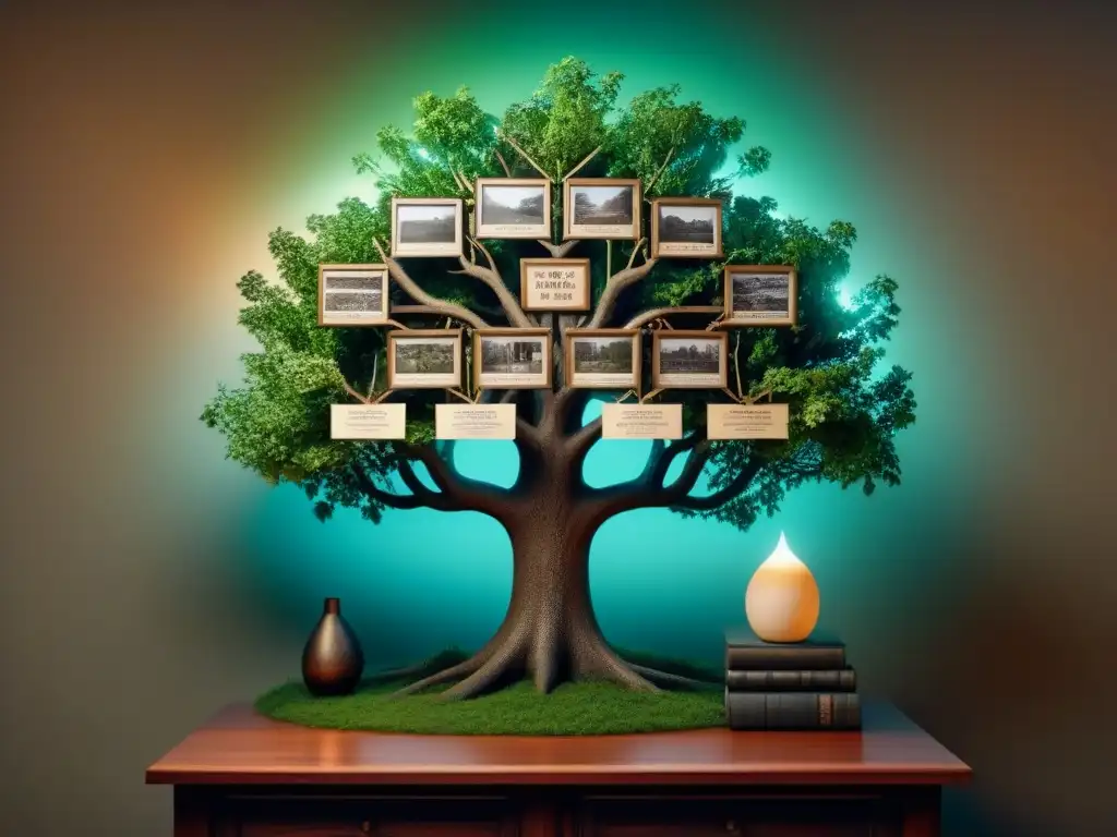 Ilustración sepia detallada de un árbol genealógico con fotos antiguas y un mapa histórico de fondo