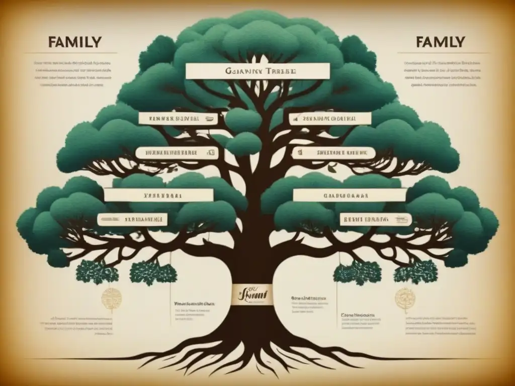 Detallada ilustración vintage de árbol genealógico con historia de apellidos y cambios fonéticos, sobre mapa sepia de pueblo histórico