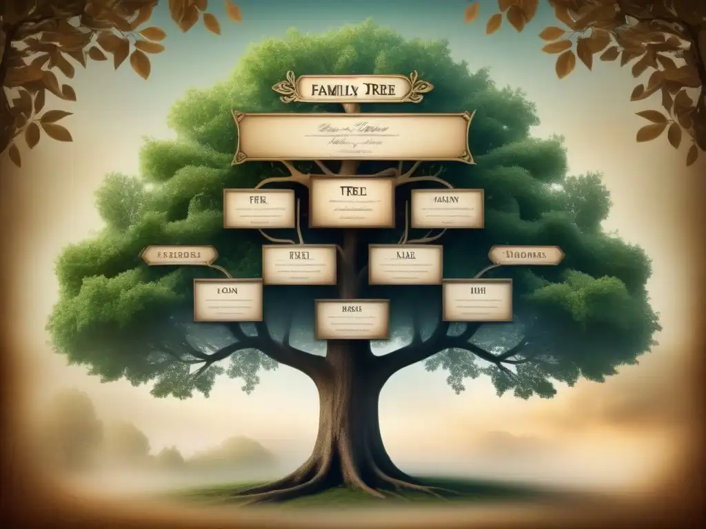 Detallada ilustración vintage de un árbol genealógico, transmitiendo la importancia de conservar registros históricos familiares