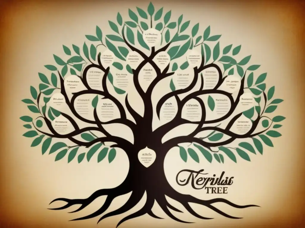 Ilustración vintage detallada de un árbol genealógico mostrando la importancia del linaje y apellidos en pergamino antiguo con caligrafía ornamental