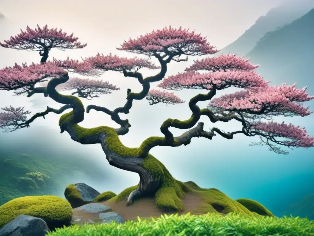 Árbol genealógico japonés: la evolución de apellidos con la naturaleza Ilustración detallada de árbol genealógico japonés con historia de apellidos entrelazada con la naturaleza: cerezos en flor, ríos y montañas