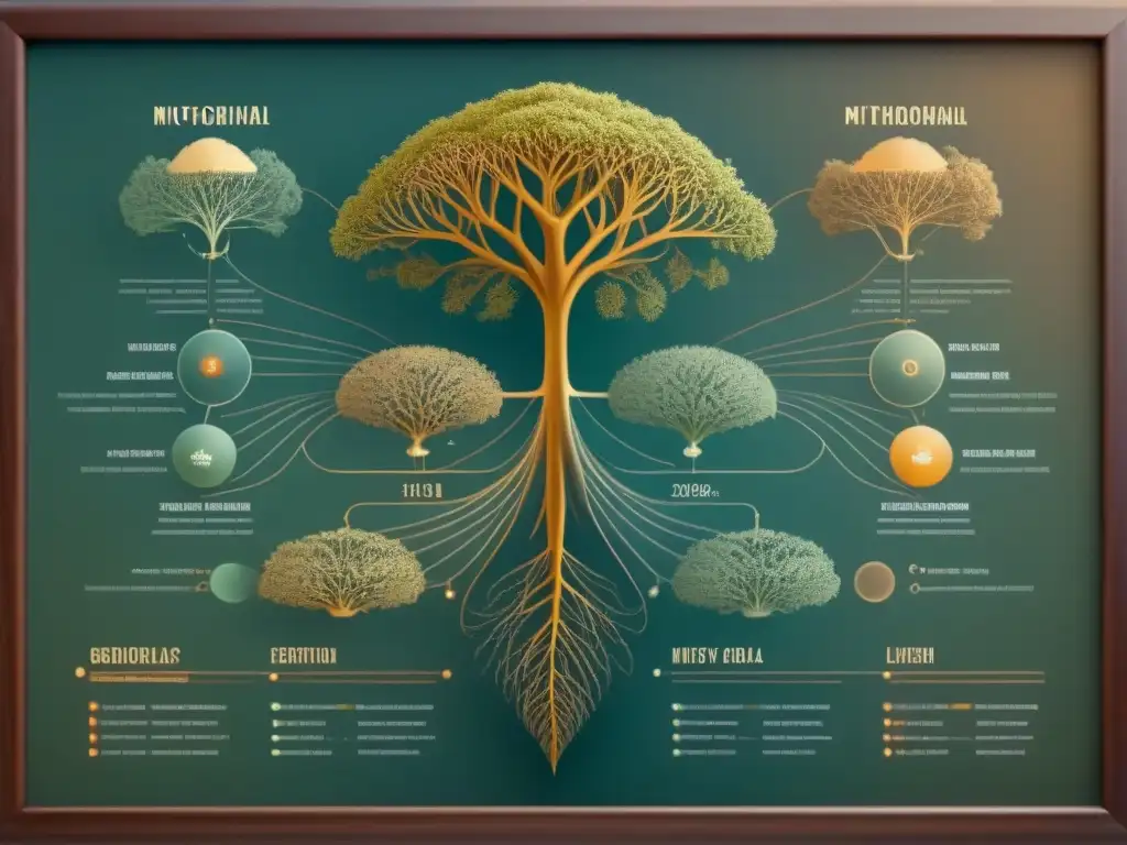 Detallada ilustración vintage de un árbol genealógico materno, representando linajes ancestrales con elegancia