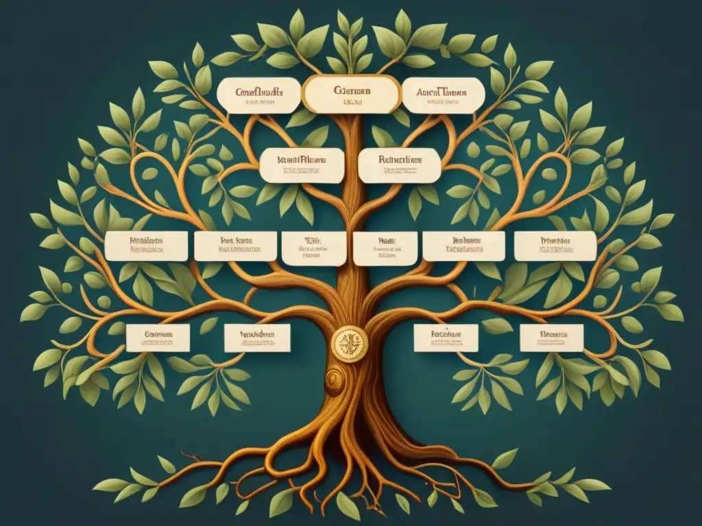 Detallada ilustración vintage de un árbol genealógico con múltiples apellidos, representando orígenes y evolución de apellidos