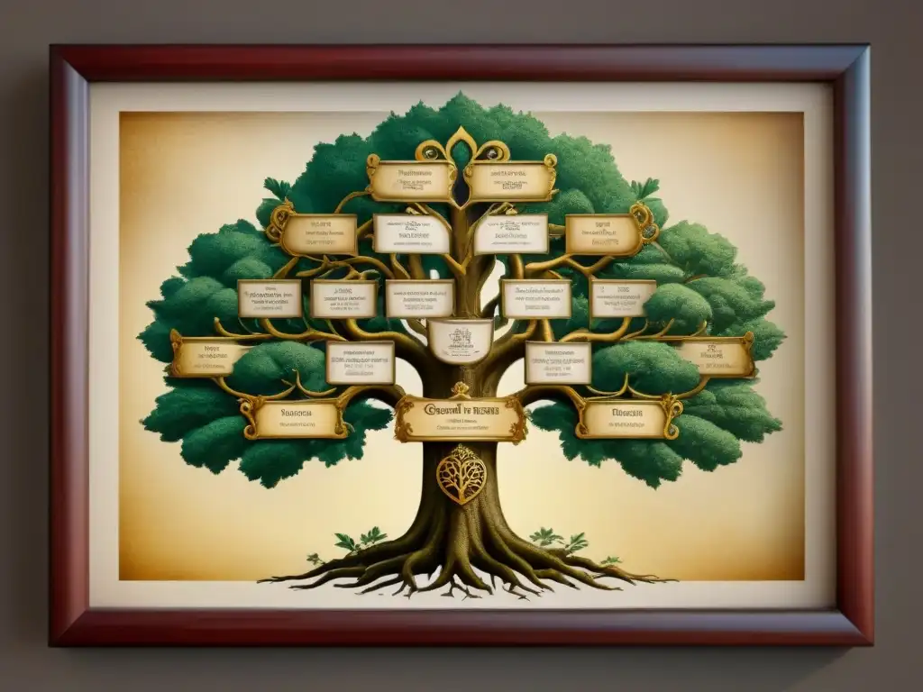 Una ilustración vintage detallada de un árbol genealógico noble, con emblemas y ramas entrelazadas