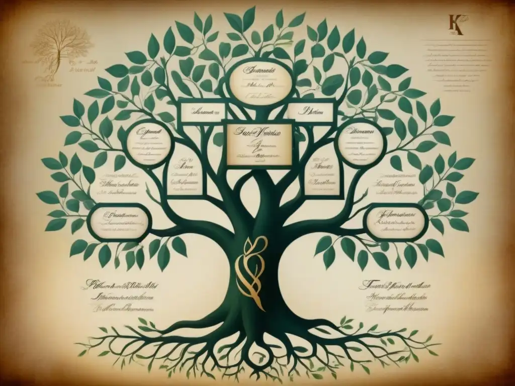 Una ilustración vintage detallada de un árbol genealógico con nombres de ancestros en caligrafía, conectados por líneas