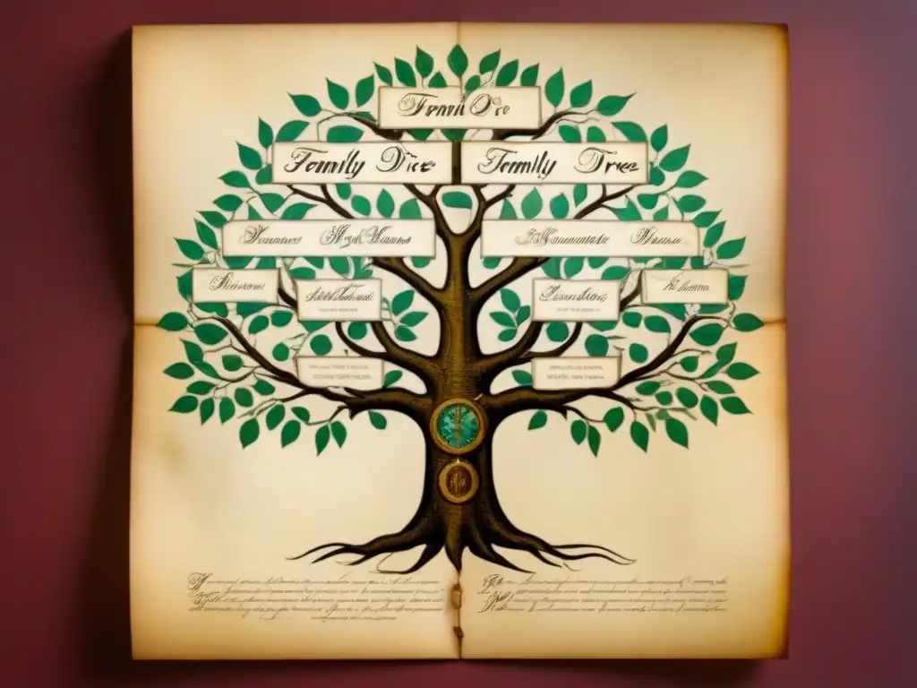 Detallada ilustración vintage de un árbol genealógico en pergamino envejecido, con ancestros y caligrafía, evocando historia y genealogía