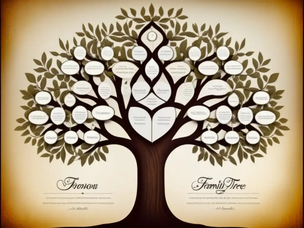 Una detallada ilustración vintage de un árbol genealógico, con ramas delicadas y caligrafía ornamental, en tonos sepia envejecidos