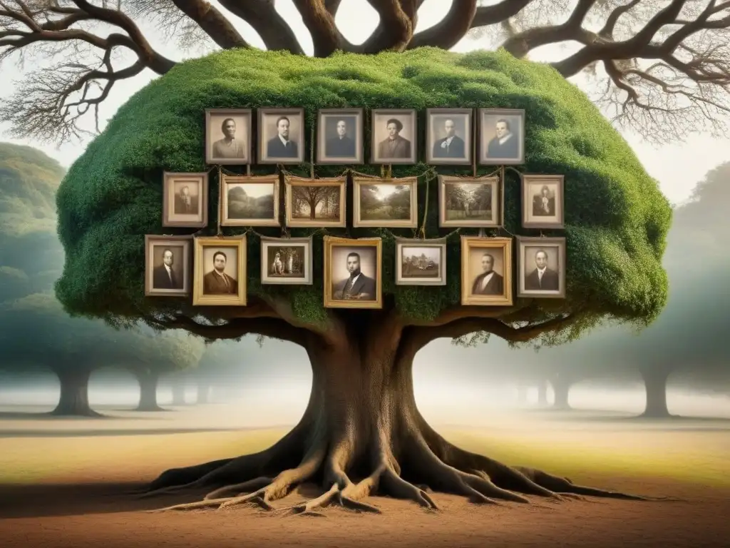 Una ilustración vintage detallada de un árbol genealógico con retratos antiguos de ancestros colgando de las ramas