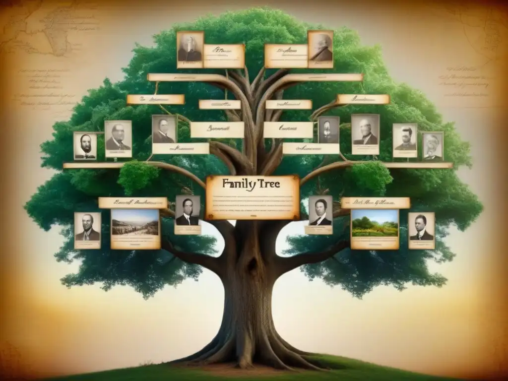 Ilustración detallada de un árbol genealógico sepia con retratos antiguos entrelazados y conexiones inesperadas