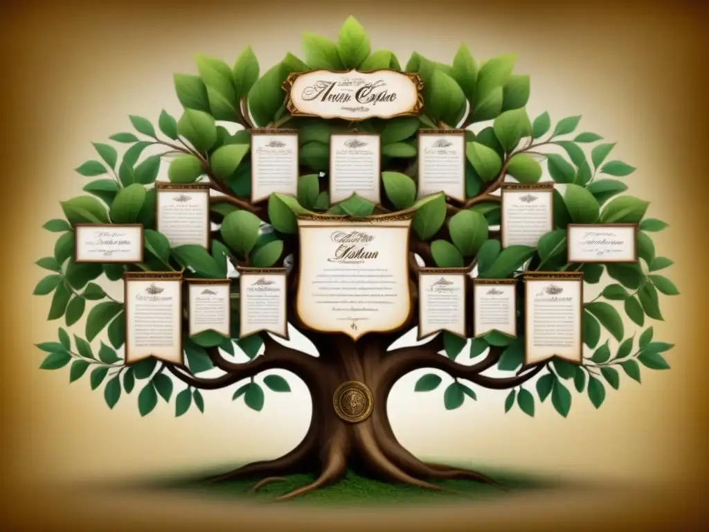 Ilustración detallada de árbol genealógico vintage de la familia Aguilar con tonos sepia, bordes ornamentados y caligrafía elegante