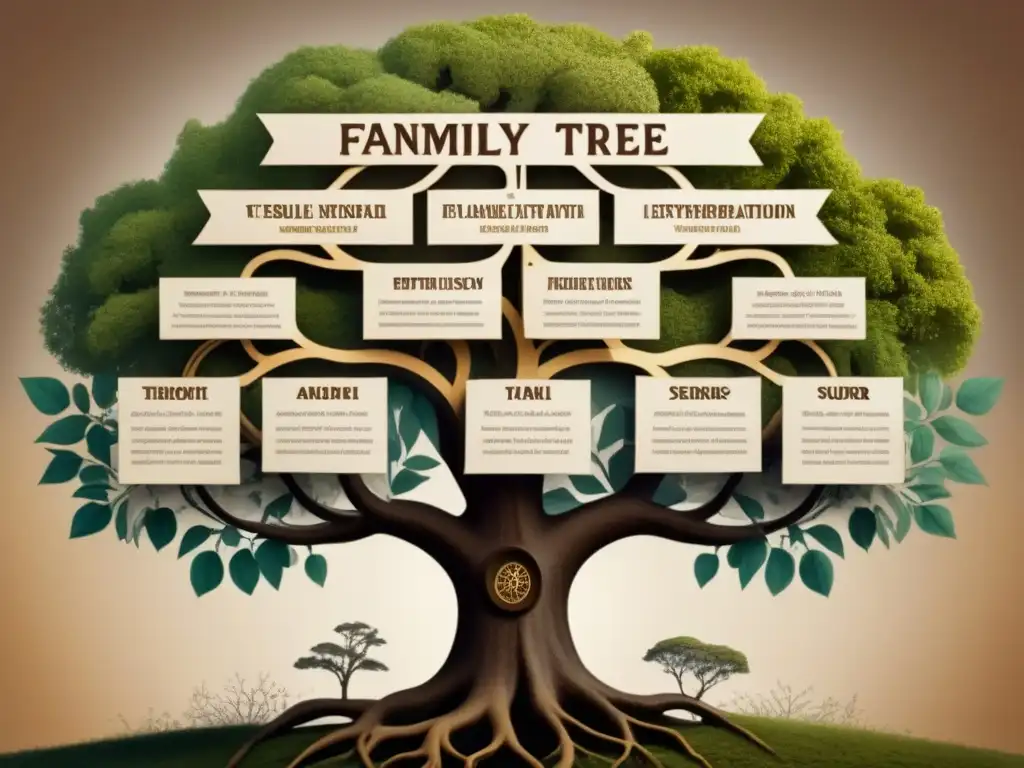 Ilustración detallada de un árbol genealógico vintage, mostrando el impacto de las leyes de emancipación en la evolución de apellidos y genealogía