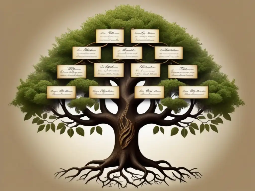 Ilustración detallada de un árbol genealógico vintage, mostrando ramas intrincadas con apellidos antiguos como Smith, Johnson, García y Wong