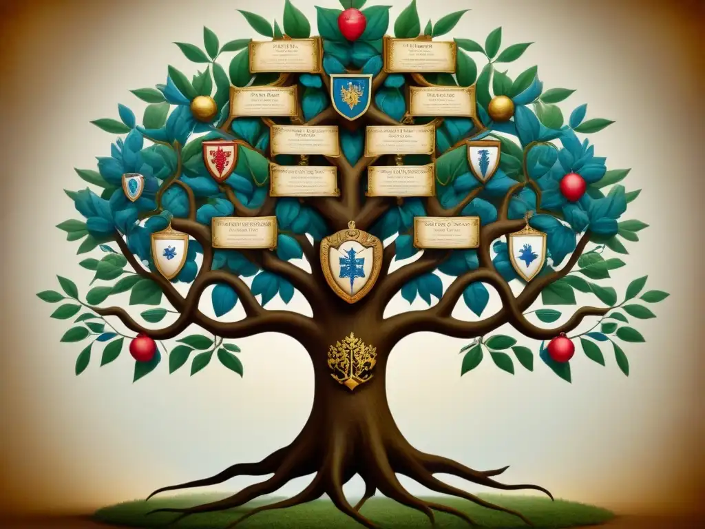 Ilustración detallada de un árbol genealógico vintage, con escudos nobles y símbolos heráldicos, sobre fondo pergamino