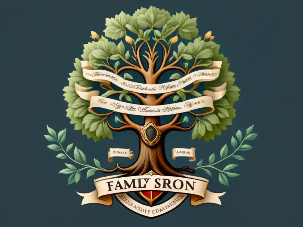 Ilustración detallada de un árbol genealógico vintage con escudos de armas, nombres de familias y acuarelas, evocando historia y herencia