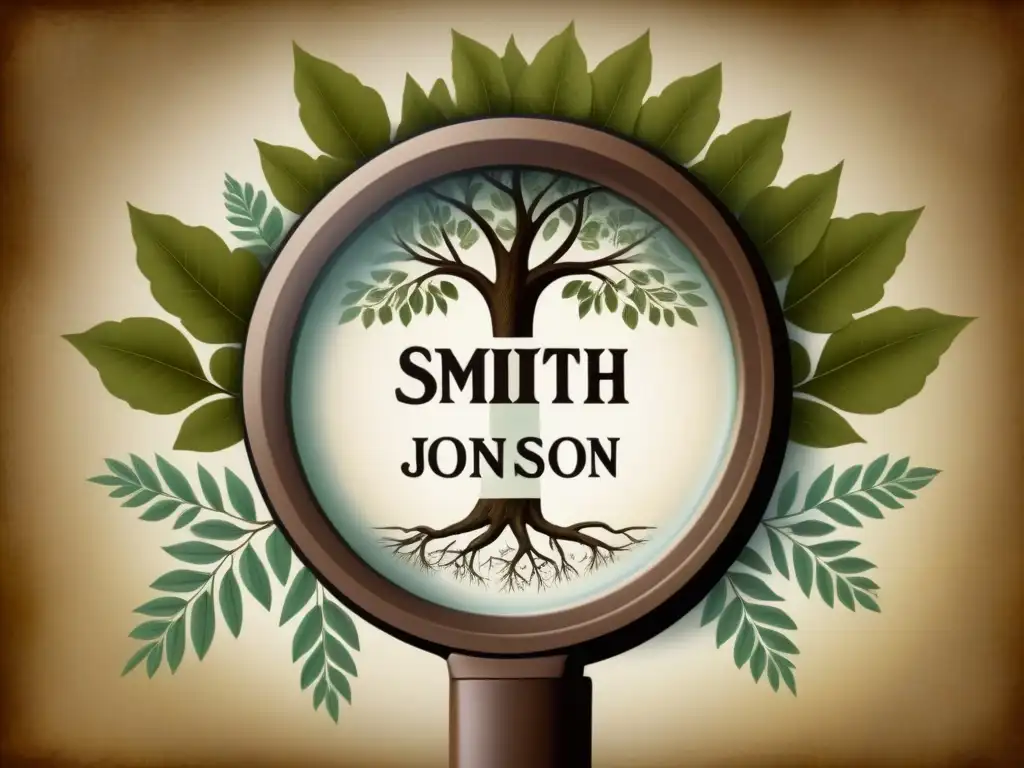 Ilustración detallada de árbol genealógico histórico con lupa sobre apellidos antiguos como Smith, Johnson y Williams