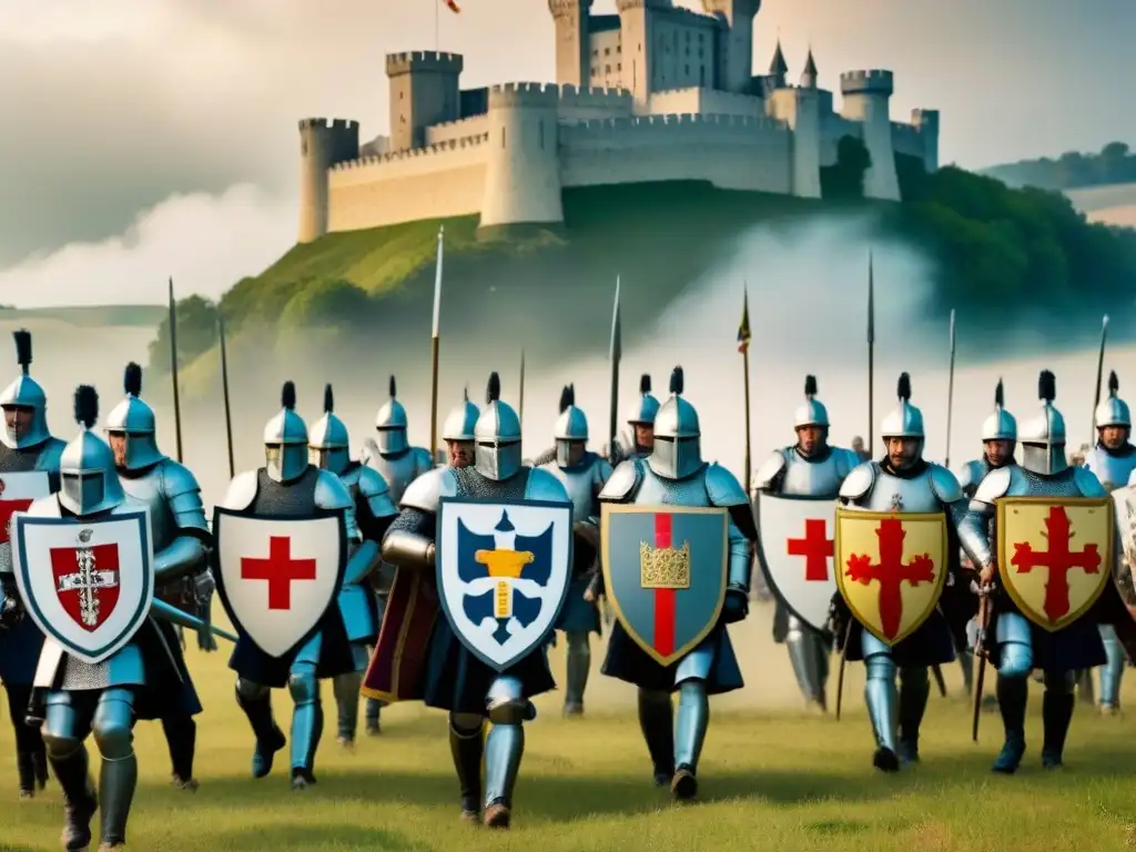 Batalla medieval: estrategia militar de la familia Navas Ilustración detallada de batalla medieval con caballeros y crestas Navas