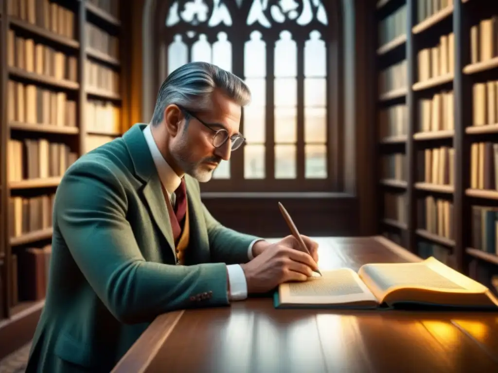 Investigación genealógica detallada en una biblioteca antigua con libros polvorientos y un erudito concentrado