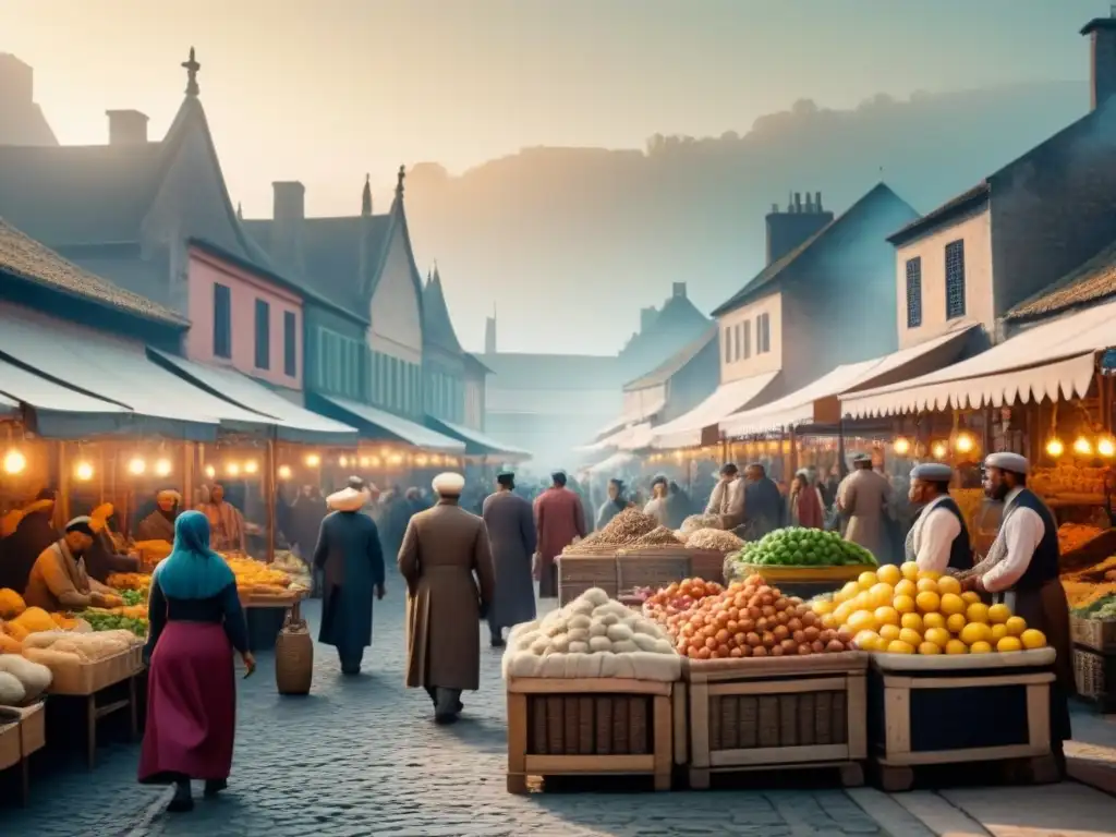 Una ilustración vintage detallada de un bullicioso mercado antiguo, con variadas culturas intercambiando bienes y conversando animadamente