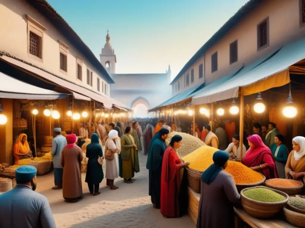 Ilustración detallada de un bullicioso mercado en una ciudad antigua, con personas de diversas etnias comerciando y socializando