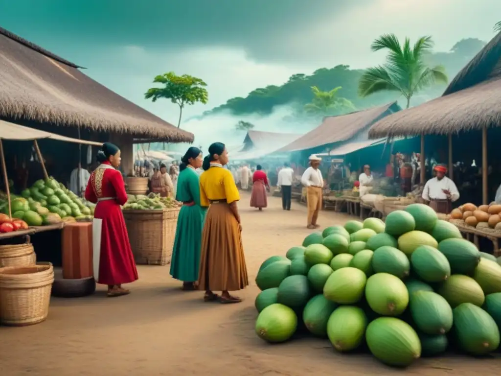 Ilustración vintage detallada en 8k de un bullicioso mercado en Filipinas durante la colonia española