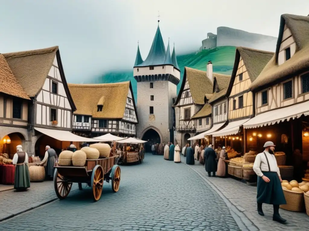 Ilustración detallada de un bullicioso mercado medieval en un pueblo europeo, con un castillo al fondo