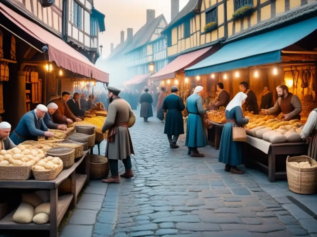 Ilustración detallada de un bullicioso mercado medieval en un manuscrito iluminado