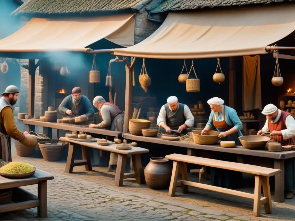 Ilustración detallada de un bullicioso mercado medieval, con artesanos y comerciantes