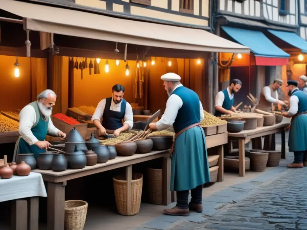 Ilustración detallada de un bullicioso mercado medieval con artesanos trabajando en sus talleres, representando la 'Origen y evolución de apellidos'