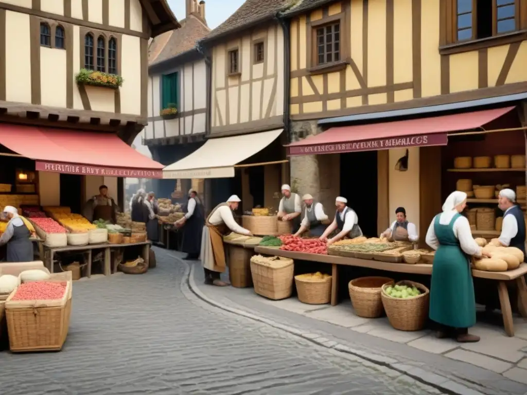 Ilustración vintage detallada de un bullicioso mercado medieval, con artesanos como herreros, panaderos y tejedores en sus tiendas