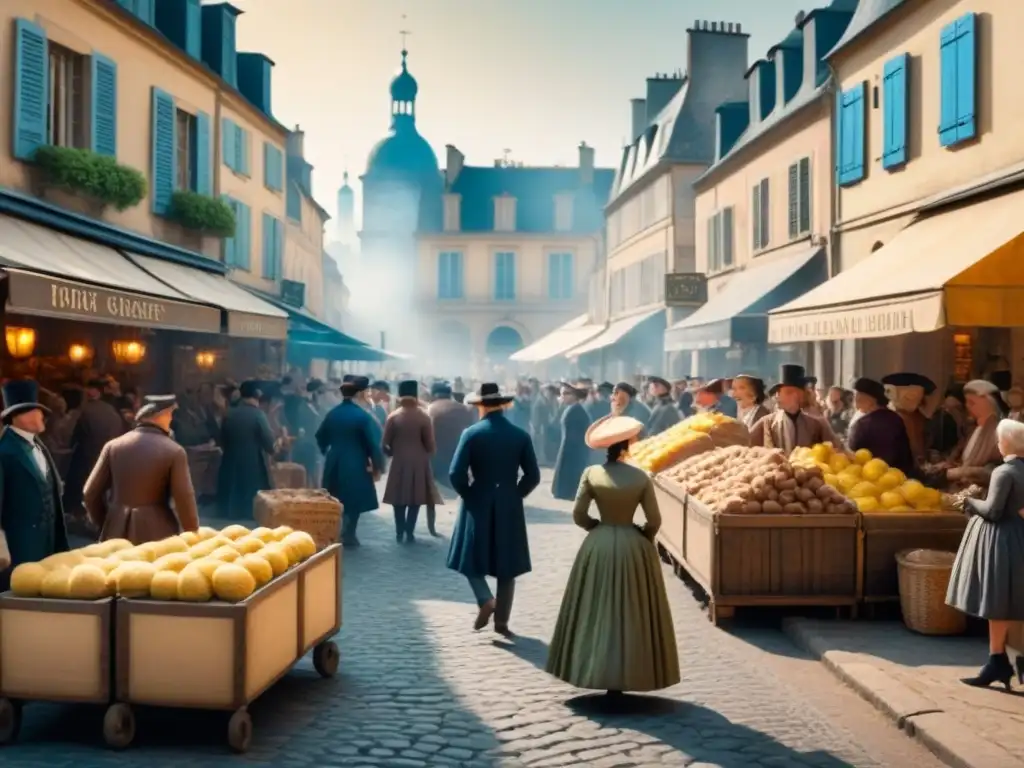 Ilustración detallada de un bullicioso mercado del siglo XVIII en Francia, con impacto de la Revolución Francesa en apellidos y movilidad social