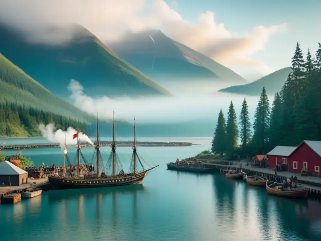 Ilustración detallada de un bullicioso puerto canadiense del siglo XIX con comerciantes de pieles, pueblos indígenas y montañas lejanas
