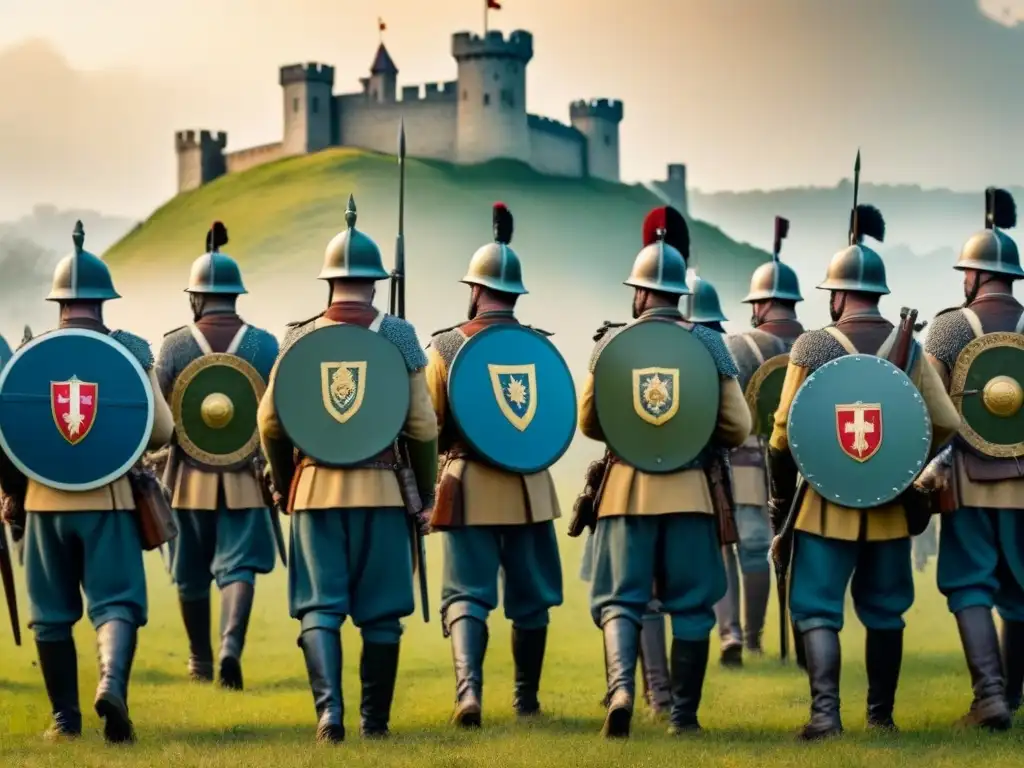 Detallada ilustración vintage de un campo de batalla medieval, soldados con escudos e insignias militares