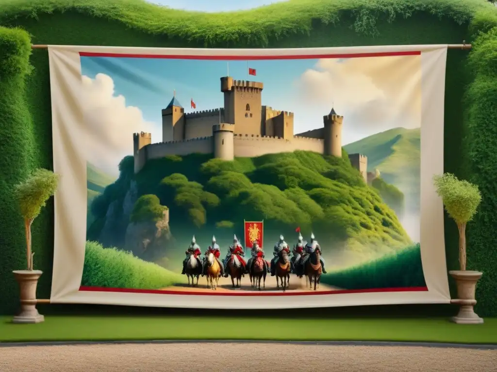 Ilustración detallada de un castillo medieval con el escudo de la familia Zúñiga en un estandarte