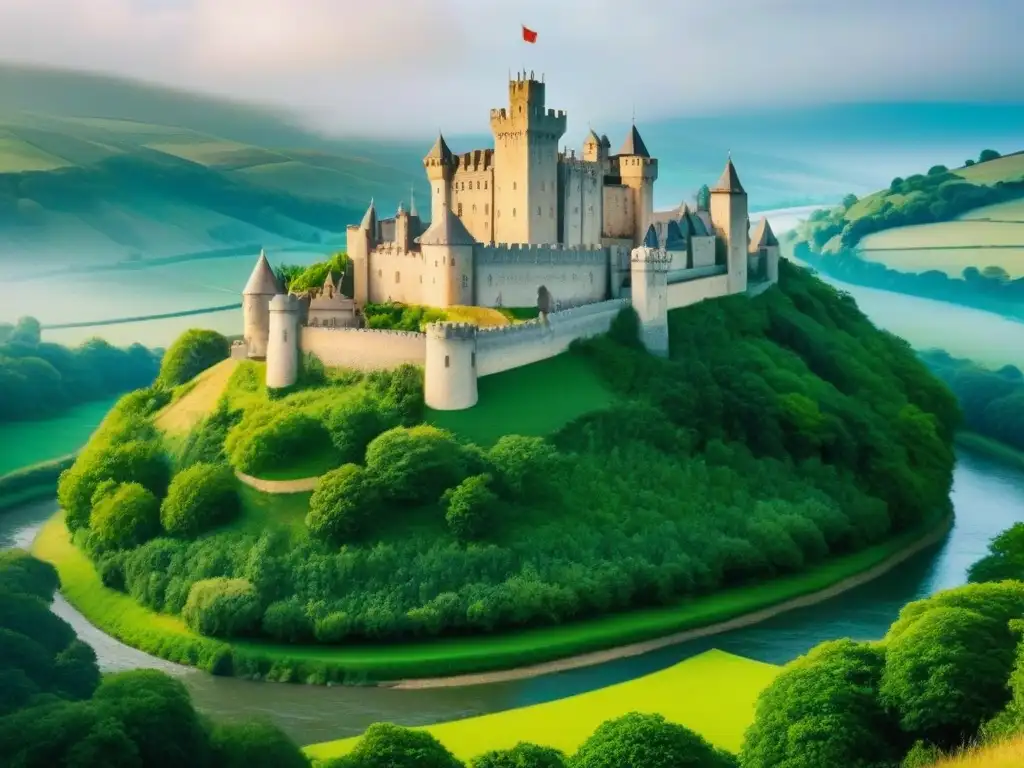 Castillo medieval majestuoso en paisaje idílico Ilustración detallada de un castillo medieval rodeado de exuberante vegetación, con un escudo de armas familiar 'M'