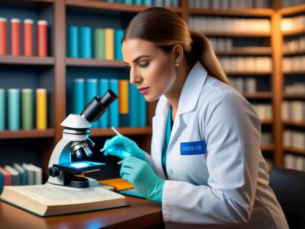 Ilustración detallada de un científico examinando una colorida cadena de ADN en un laboratorio