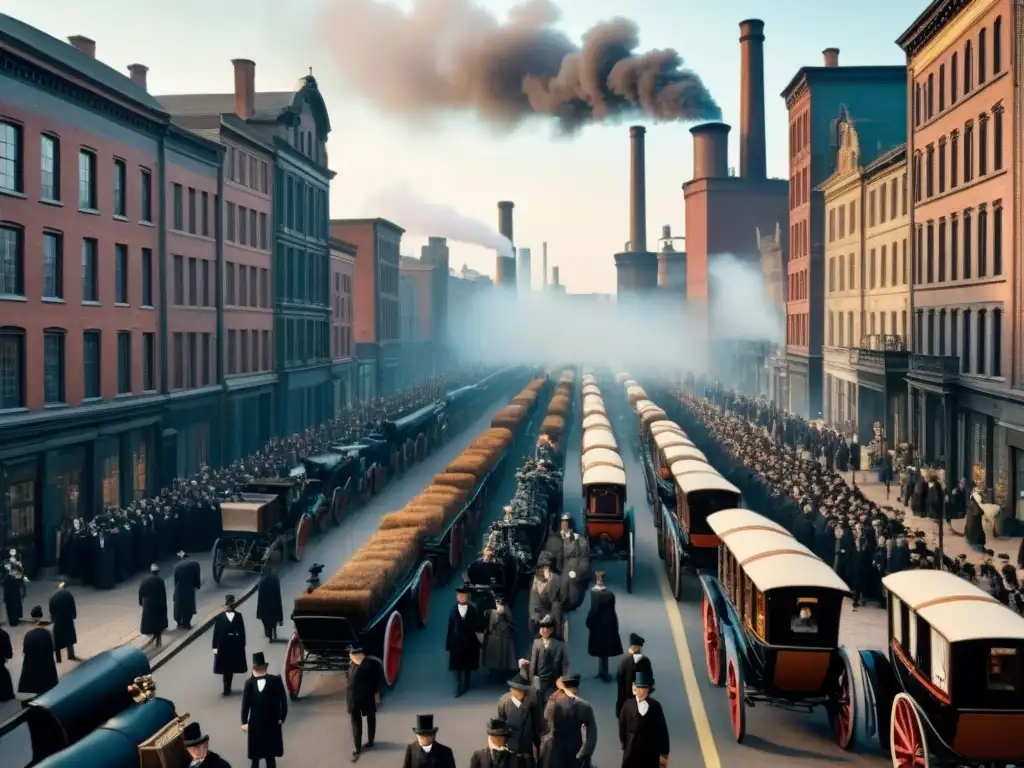 Ilustración detallada de una ciudad bulliciosa durante la Revolución Industrial, mostrando la división social y desafíos de movilidad de la época
